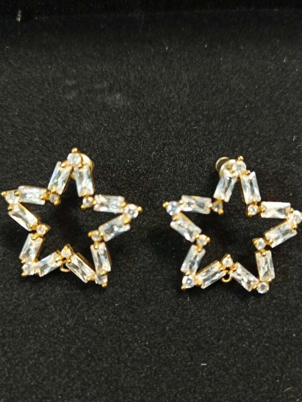 Vintage 80s Rhinestone Star Earrings Gold Tone Geometric Glam Studs